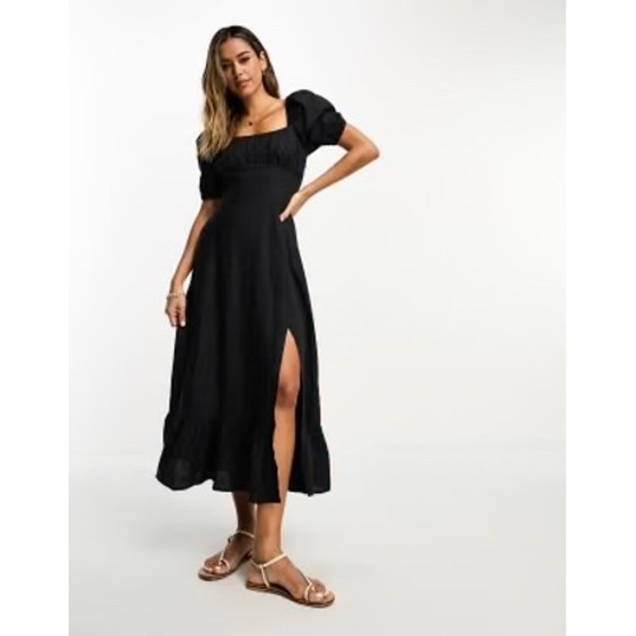 & Other Stories Dresses & Skirts - & Other Stories Black Linen Blend Puff Sleeve Midi Dress with Slit Size 4
